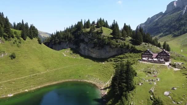 Falensee Mountain Lake Guesthouse Bollenwees Swiss Alps Switzerland Aerial Drone — Stock video