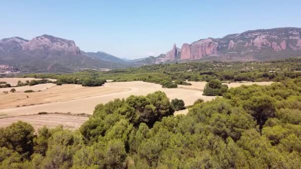 Mallos Riglos Huesca Espanha Vista Aérea Drones Formações Rochosas Campo — Vídeo de Stock