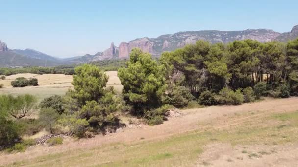 Mallos Riglos Huesca Spanje Zicht Vanuit Lucht Rotsformaties Het Platteland — Stockvideo