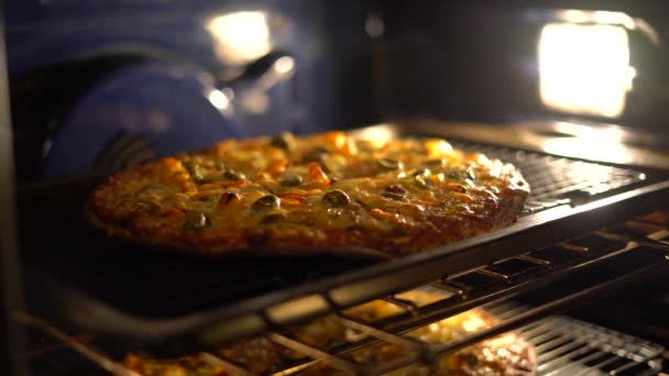 오븐에 뜨거운 난로에서 피자를 메이드한다 컨베이어 오븐에서 이탈리아 피자를 요리하고 — 비디오
