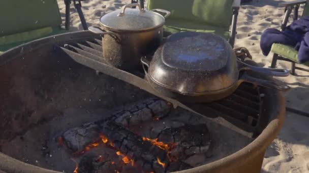 캠프파이어 위에서 요리하는 시인들은 동작으로 — 비디오