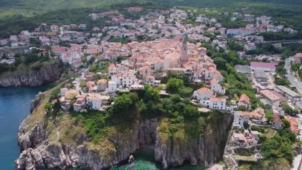 Aerial View Picturesque Croatian Island Town Vrbnik — Stok video