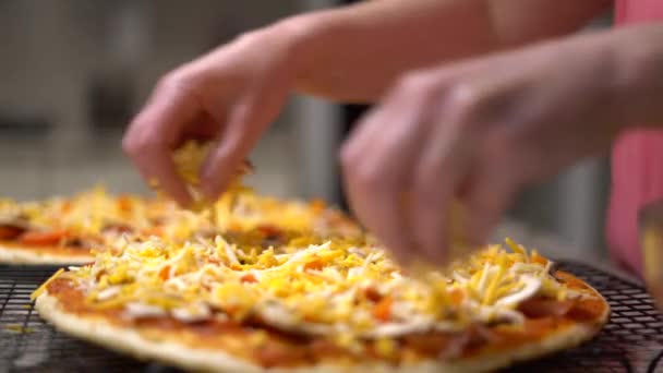 Chef Home Putting Mozzarella Cheddar Cheese Pizza Close Female Cook — Vídeo de stock