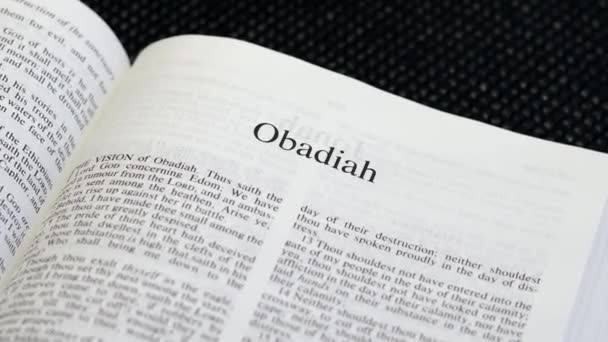 Close Shot Bible Page Het Boek Van Obadiah — Stockvideo