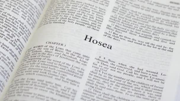 Close Shot Bible Page Turning Book Hosea — стоковое видео