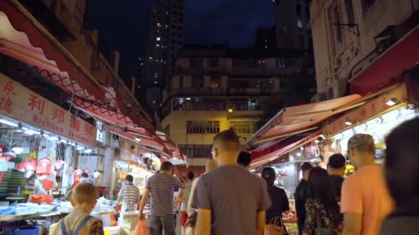 Puestos Tradicionales Mercado Alimentos Centro Hong Kong Ocupado Asiático Noche — Vídeos de Stock