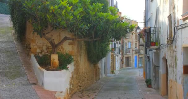 Узкая Улица Старыми Разрушенными Структурами Исторической Деревне Испании Слайд Шот — стоковое видео