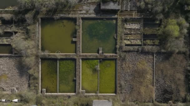 Old Water Treatment Works Birds Eye View Aerial Overhead Open — Stock video