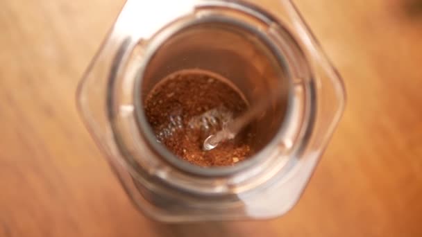 Close Footage Coffee Pouring Jug Cup — стоковое видео