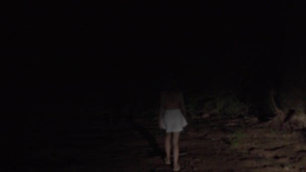 Young Girl Steps Shadow Disappears Darkness Forest Night — Vídeos de Stock