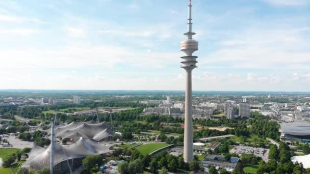 Aerial Panoramic View Olympic Tower Olympic Park Munich Germany — стокове відео