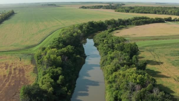 Aerial Still River Stream Running Agricultural Grass Farm Land Fields — 비디오