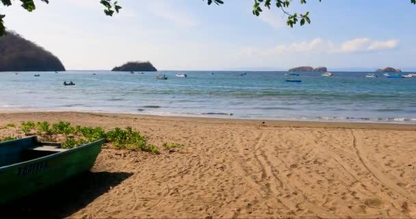 Barco Madera Playa Tropical Con Árbol Día Soleado Playa Coco — Vídeos de Stock