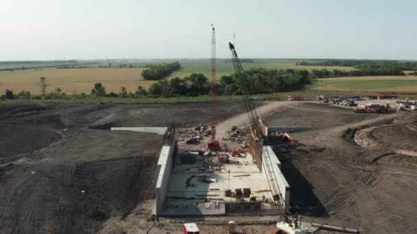 Crawler Cranes Erected Rural Countryside Construction Site Building Infrastructure Aerial — Video Stock