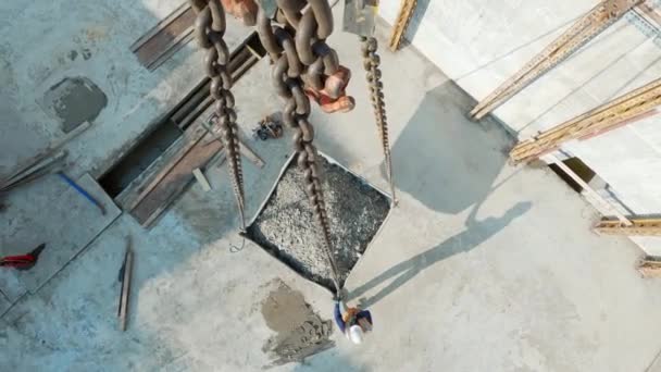 Pov Top Container Full Gravel Lifted Tower Crane Chains Construction — Stockvideo
