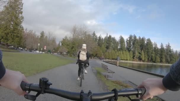 First Person Pov Biker Hands Handlebar Friend Riding Bicycle Stanley — Stockvideo