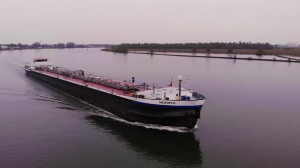 Aerial Dolly Forward Bow Monika Inland Tanker Ship Navigating Oude — Stock video