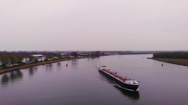 Aerial View Monika Inland Tanker Ship Navigating Oude Maas Cloudy — стокове відео