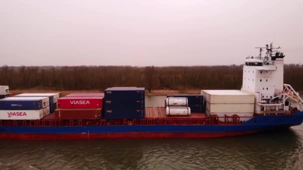 Aerial Port Side Jsp Carla Cargo Ship Travelling Oude Maas — Stockvideo