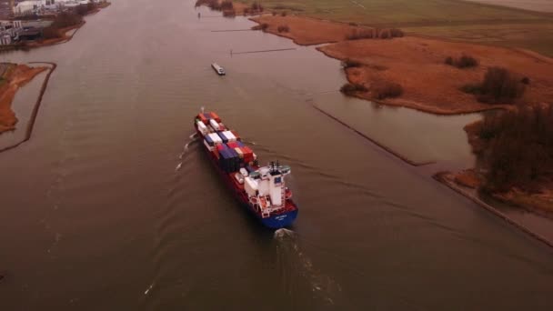 Aerial Drone Flying Stern Jsp Carla Cargo Ship Travelling Oude — Stockvideo