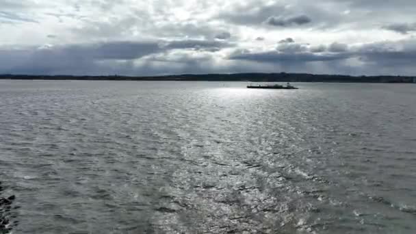 Aerial View Barge Being Pushed Tugboat Sailing Upper Bay New — стоковое видео