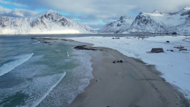 Sandy Beach Norway Covered Snow Sunny Moody Day Flakstad Beach — Wideo stockowe