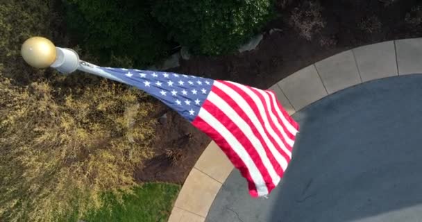 American Flag Waves Breeze Top Aerial Birds Eye View Sunlight — ストック動画