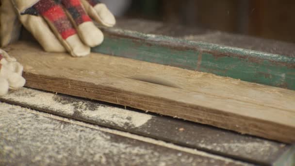 Table Saw Cuts Board Being Pushed Turns — Vídeo de Stock