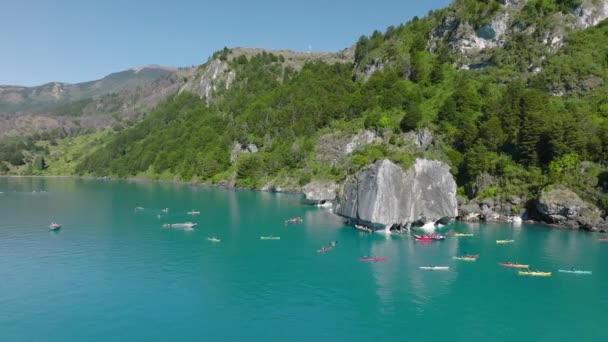 Aerial View Group Kayakers Exploring Marble Caves General Carrera Lake — Stock Video