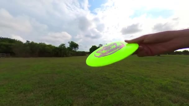 Kasta Frisbee Ett Grönt Fält Spela Skiva Golf — Stockvideo