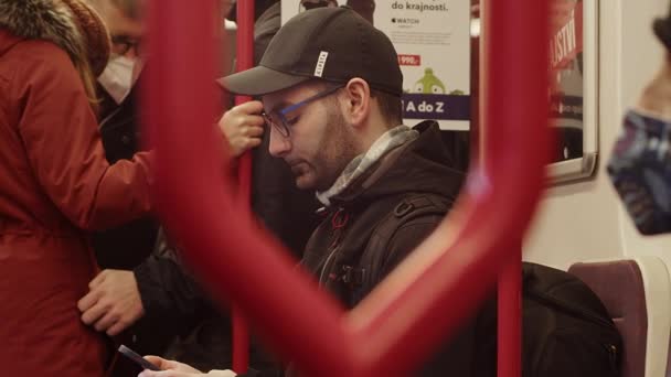 Caucasian Man Using Cellphone Public Transport Closeup View — Stockvideo