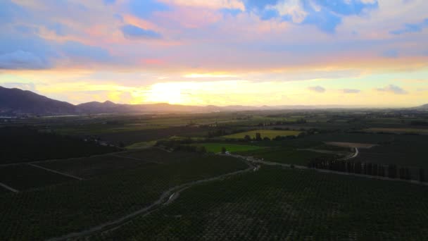 Aerial Dolly Green Farm Fields Hills Background Cloudy Sunset Cachapoal — Αρχείο Βίντεο