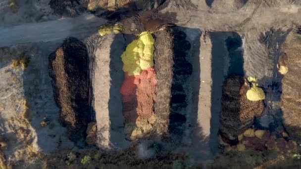 Aerial Top Close Orange Shells Discarded Compost Area Surrounded Plantations — Vídeo de stock