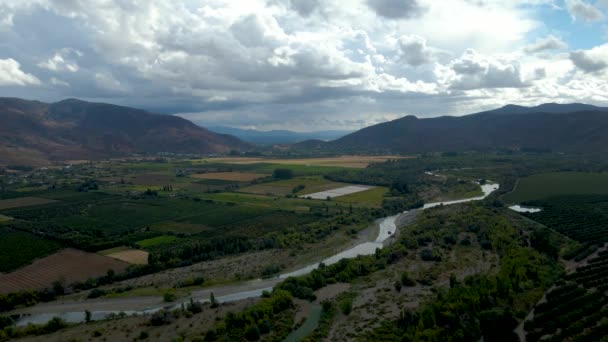 Yeşil Tarlaların Dere Nehrinin Hava Yörüngesi Bulutlu Bir Günde Arka — Stok video