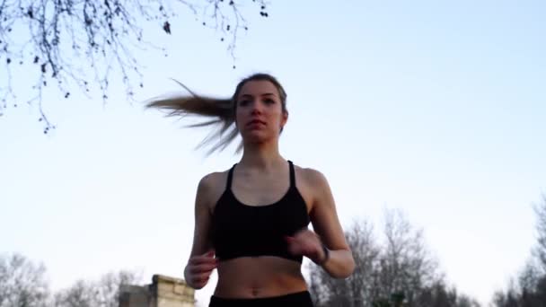 年轻女运动员 带着小辫子 有氧运动训练 户外运动 近身运动 — 图库视频影像
