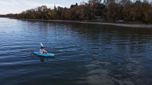 Woman Kayak Paddling Vibrant Shoreline Buffalo Lake Autumn Aerial Pull — Video