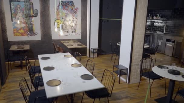 Pan Interior Modern Restaurant Owner Sits Alone Table — Stok video