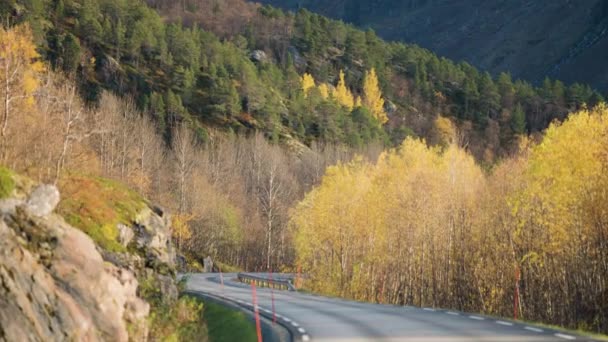Narrow Asphalt Road Sunlit Autumn Landscape Mountains Towering Horizon Dark — Stock Video