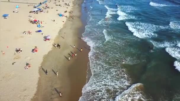 威尼斯海滩加利福尼亚无人机的镜头在沙滩上向前移动 沙滩上布满了沙子和水 — 图库视频影像