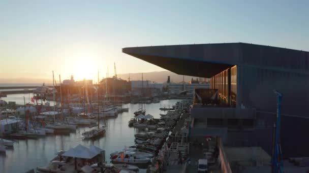 Drone Flying Port Genova Sunset Rising — Stockvideo