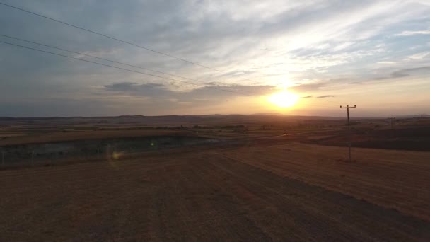 Drone Flying Power Lines Sunset — Stock Video