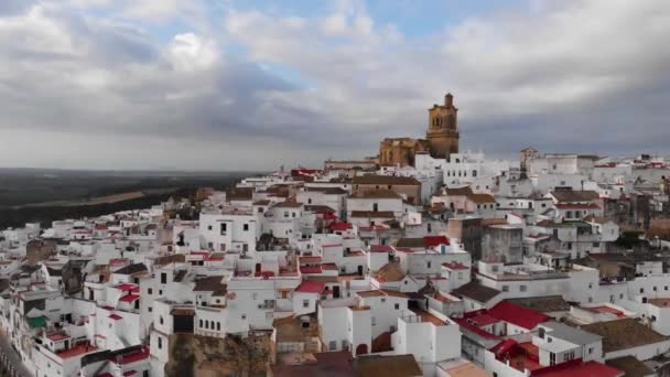 Előre Repülő Légi Felé Templom Fehérre Meszelt Falu Andalúzia Spanyolország — Stock videók