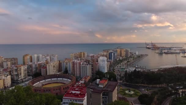 High Panoramic View Bullfighting Arena Malaga Spain Harbor — Stockvideo