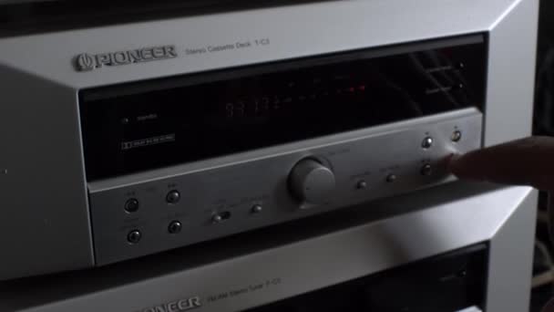 Finger Pressing Button Pioneer Cassette Desk Slides Out Tape Being — Vídeo de Stock