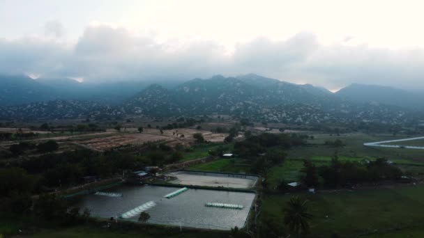 农村农业农村的空中虾养殖场 背景中的山丘 — 图库视频影像