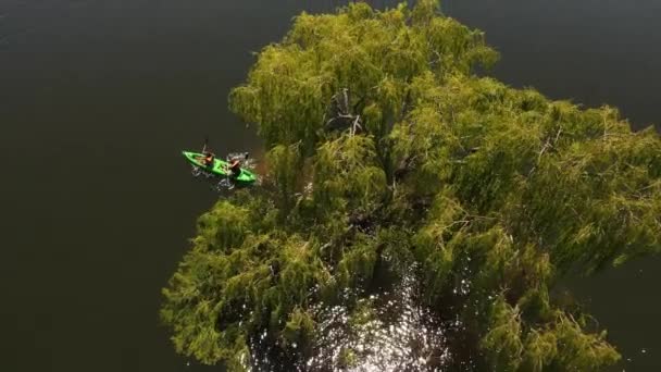 Two People Kayak Passing Tree Branches River Cordoba Argentina Aerial — стокове відео