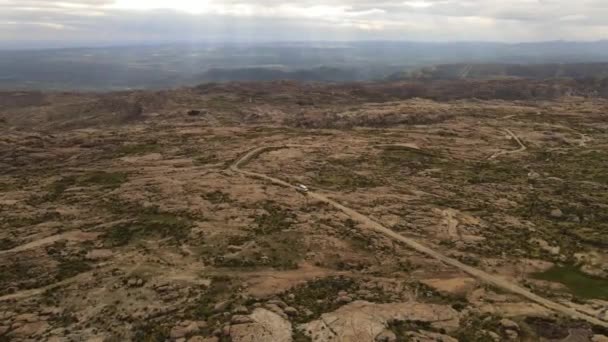 Aerial View Tourist Van Driving Rural Highland Road Argentina Sunlight — Vídeos de Stock