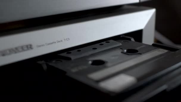 Close Pioneer Stereo Cassette Deck Sliding Out Tape Being Inserted — Stockvideo