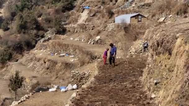 尼泊尔Namche Bazaar 2022年3月14日 一对父子在尼泊尔的梯田工作 — 图库视频影像