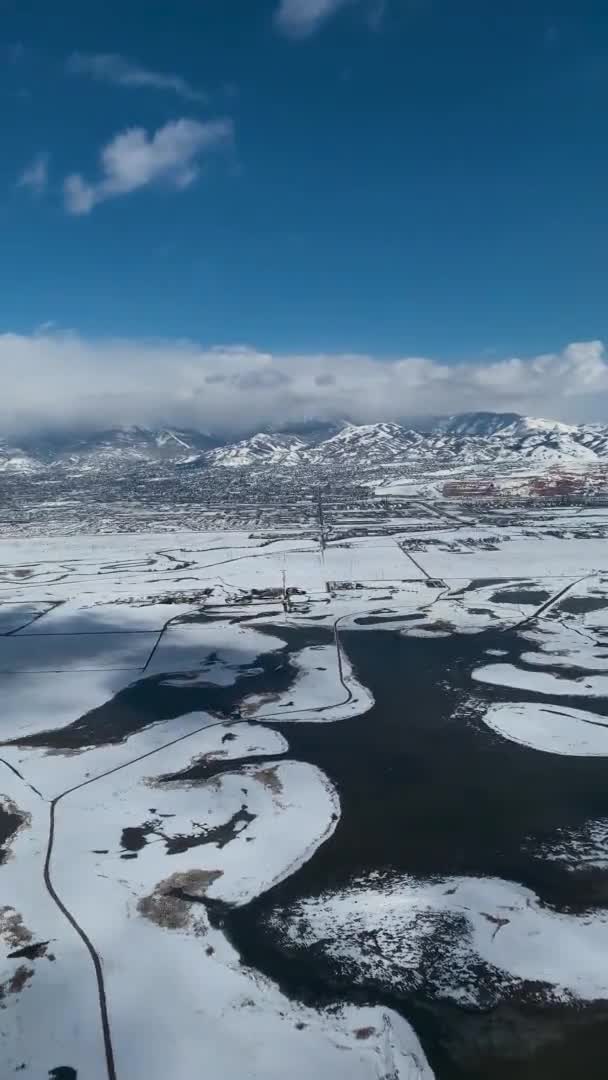 Вид Окна Самолета Снежный Пейзаж Замерзшие Озера Горы Вертикальная Ориентация — стоковое видео